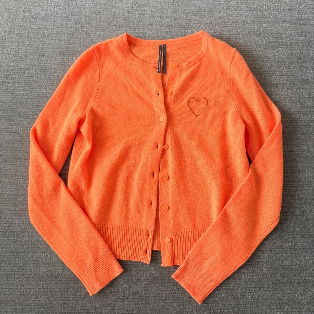 Anthropologie Cashmere Cardigan Women XS Neon Orange Embroidered Heart Capsule